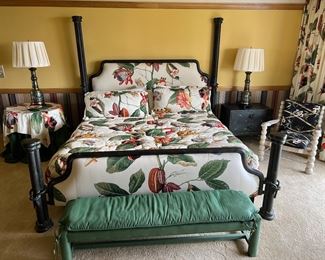 King size iron bed being sold with the linens and two side tables