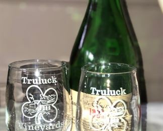 Truluck Vineyard wine glasses and bottle.