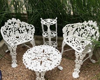 Three piece vintage metal garden set plus plant stand. All refreshed! 