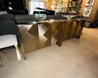 $200 EACH
ELLO INTERNATIONAL CHEVRON BRASS / STAINLESS STEEL DESIGN WITH MIRRORED TOP CREDENZA / CABINETS -3 AVAILABLE