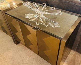 $200 EACH
ELLO INTERNATIONAL CHEVRON BRASS / STAINLESS STEEL DESIGN WITH MIRRORED TOP CREDENZA / CABINETS -3 AVAILABLE
39.5”W x 21”D x 29”H