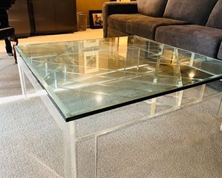 $500
VINTAGE LUCITE CONTEMPORARY COFFEE TABLE WITH HEAVY GLASS TOP
45”L x 45”W x 16”H