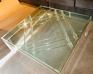 $500
VINTAGE LUCITE CONTEMPORARY COFFEE TABLE WITH HEAVY GLASS TOP
45”L x 45”W x 16”H