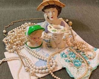 Head Vases, Ceramic Head Figurine, Handkerchiefs Costume Jewelry