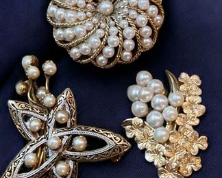 Trio Of Gold Tone Pearl Brooches