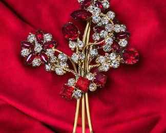 Vintage Brooch With Red Clear Rhinestones