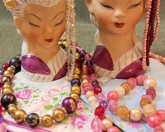 Vintage Head Vases, Costume Jewelry Handkerchiefs