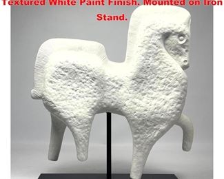Lot 1108 Modernist Figural Horse Sculpture. Textured White Paint Finish. Mounted on Iron Stand.