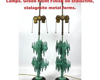 Lot 1127 Pr Brutalist Bronze Modernist Table Lamps. Green Paint Finish on stalactite, stalagmite metal forms.