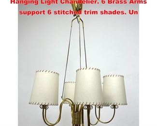 Lot 1130 PAAVO TYNELL style 6 Light Hanging Light Chandelier. 6 Brass Arms support 6 stitched trim shades. Un