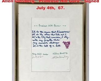 Lot 1137 Poem lithograph pencil signed by Allen Ginsberg. Primrose Hill Guru. Signed July 4th, 67.