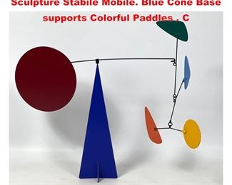 Lot 1155 Small Table Top Metal Kinetic Sculpture Stabile Mobile. Blue Cone Base supports Colorful Paddles . C