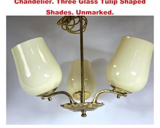 Lot 1161 Paavo Tynell style 3 Arm Brass Chandelier. Three Glass Tulip Shaped Shades. Unmarked. 