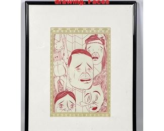 Lot 1165 Attributed to Barry McGee ink drawing. Faces