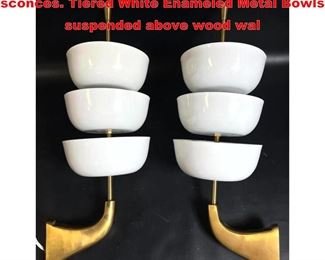 Lot 1173 Stilnovo Style three tiered wall sconces. Tiered White Enameled Metal Bowls suspended above wood wal