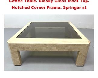 Lot 1174 Travertine Marble Tessellated Coffee Table. Smoky Glass Inset Top. Notched Corner Frame. Springer st