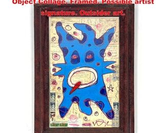 Lot 1180 Blue Monster Painting on Found Object Collage. Framed. Possible artist signature. Outsider art. 