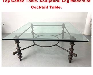 Lot 1186 Giacometti style Heavy Iron Glass Top Coffee Table. Sculptural Leg Modernist Cocktail Table. 