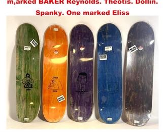 Lot 1187 5 Barry McGee skateboard decks. 4 m,arked BAKER Reynolds. Theotis. Dollin. Spanky. One marked Eliss