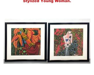 Lot 1235 2pcs Figural Paintings. Each Shows Stylized Young Woman.