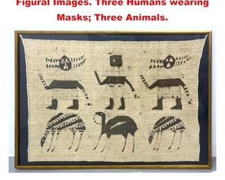 Lot 1238 Framed Woven Textile with Six Figural Images. Three Humans wearing Masks Three Animals. 