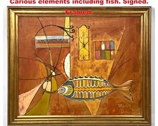Lot 1248 ROPER Modernist Fish Painting. Carious elements including fish. Signed. Framed. 