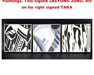 Lot 1254 Collection of 3 Abstract Modern Art Paintings. Two signed JAEYUNG JUNG. Art on far right signed TAKA