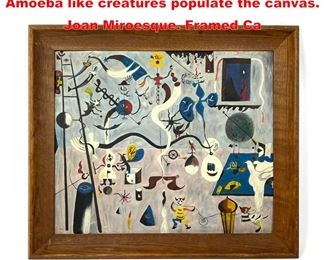 Lot 1258 Signed MFE Surrealist Painting. Amoeba like creatures populate the canvas. Joan Miroesque. Framed Ca
