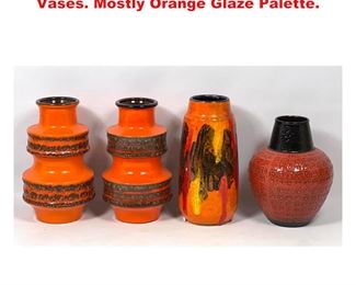 Lot 1293 4pc WEST GERMANY Art Pottery Vases. Mostly Orange Glaze Palette. 
