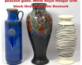 Lot 1295 3pc pottery vases. Royal Haegar peacock glaze. White Royal Haegar with black thread. Soholm Denmark 