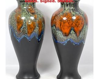 Lot 1308 Pr Royal Haegar peacock glaze vases. Signed. Sticker. 