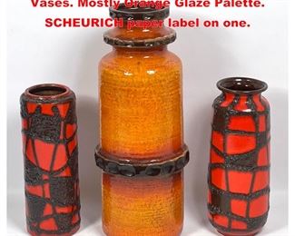 Lot 1311 3pc WEST GERMANY Art Pottery Vases. Mostly Orange Glaze Palette. SCHEURICH paper label on one.