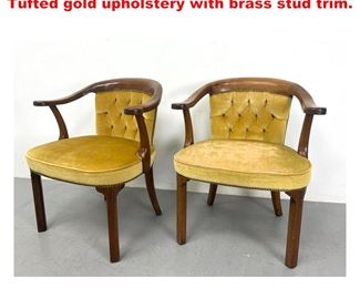 Lot 1337 Pr Bull Horn Arm Lounge Chairs. Tufted gold upholstery with brass stud trim. 