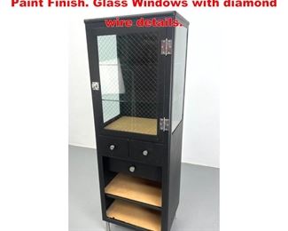 Lot 1345 Metal Medicine Cabinet. Black Paint Finish. Glass Windows with diamond wire details. 