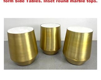 Lot 1350 3pc Brushed Gold Aluminum Barrel form Side Tables. Inset round marble tops. 