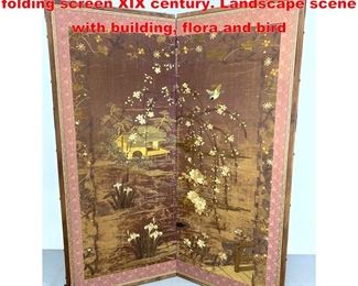 Lot 1432 Korean embroidered 2 panel folding screen XIX century. Landscape scene with building, flora and bird