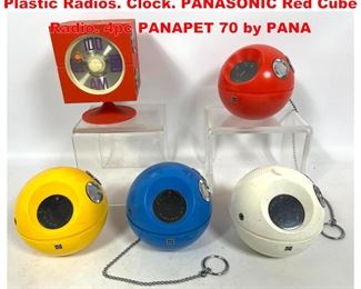 Lot 1449 All the Primary Colors MCM Plastic Radios. Clock. PANASONIC Red Cube Radio. 4pc PANAPET 70 by PANA