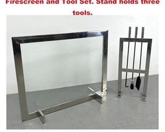Lot 1503 Modernist Chrome Glass Firescreen and Tool Set. Stand holds three tools. 