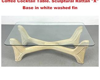 Lot 1536 Designer Modernist Pencil reed Coffee Cocktail Table. Sculptural Rattan X Base in white washed fin