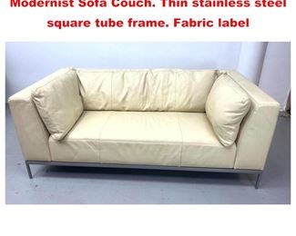 Lot 1603 LIGNE ROSET Cream Leather Modernist Sofa Couch. Thin stainless steel square tube frame. Fabric label
