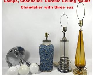 Lot 1615 Collection 4pc Modernist Lighting. Lamps, Chandelier. Chrome Ceiling Mount Chandelier with three sus
