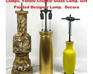 Lot 1616 Collection 3pc Modernist Table Lamps. Yellow Crackle Glaze Lamp. Gilt Painted Designer Lamp. Decora