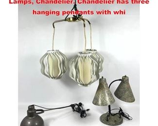 Lot 1617 Collection 3pc Modernist Lighting. Lamps, Chandelier. Chandelier has three hanging pendants with whi