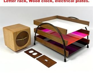 Lot 1634 Mid Century Modern Group Lot. Letter rack, Wood clock, electrical plates. 