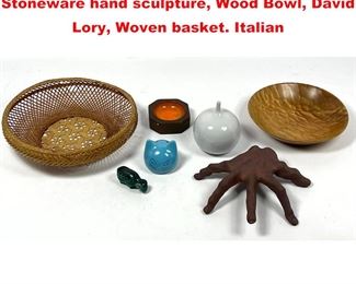 Lot 1641 Mixed Mid Century Modern Lot. Stoneware hand sculpture, Wood Bowl, David Lory, Woven basket. Italian