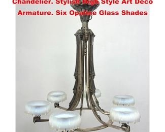 Lot 1651 Schneider French Art Deco Chandelier. Stylish High Style Art Deco Armature. Six Opaline Glass Shades