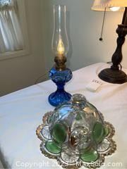 wclear blue lamp and green candy dish2151 t