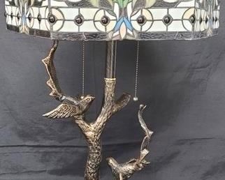 75 - Stained glass lamp with birds on base - 32"

