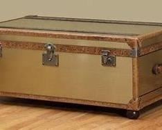 128 - Lazzaro 2 drawer steamer cocktail table leather trim 18 1/2 x 44 1/2 x 28 1/2 new - just unpacked from box
