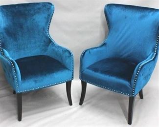 1190 - Powell pair of blue velvet tufted arm chairs chrome nail head trim 41 x 26.5 x 27
